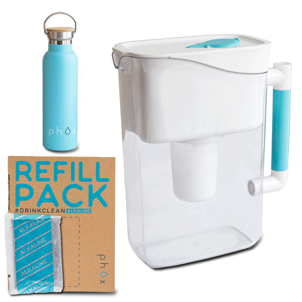 sustainable White water filter jug with refillable cartridge, a blue water bottle, and a cardboard alkaline water refill pack on a white background.