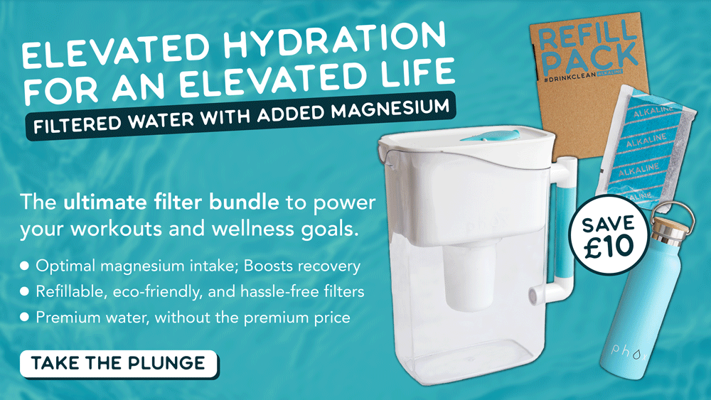 Hydration bundle with water jug, bottle, and filters on a blue background