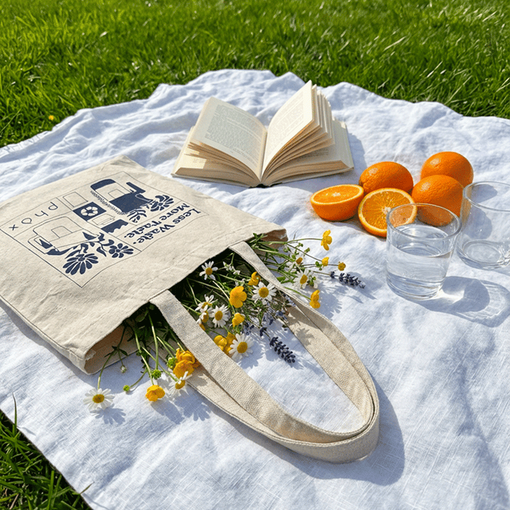 Phox Water 100% Organic GOTS Beige tote bag with floral design, open book, oranges, and water glasses on a white blanket outdoors.