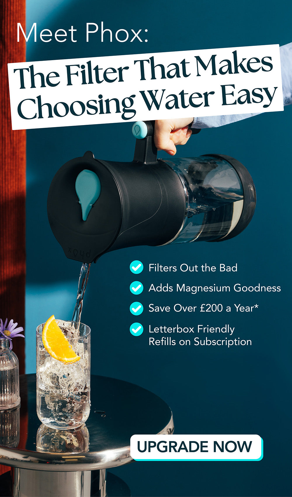 Advertisement for a water filter with a glass of water and lemon slice on a dark background