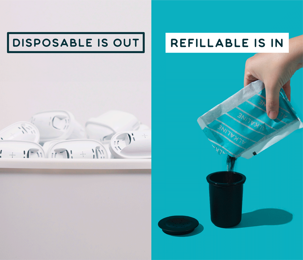 on left 'disposable is out' with bin full of single use brita water filter cartridges, on right 'refillable is in' with black refillable cartridge being filled with water filter granules of an alkaline refill pack
